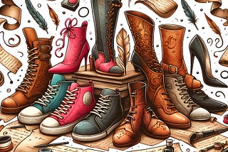 Illustration of diverse shoes with poetic lines symbolizing the inspiration behind shoe-themed poetry.