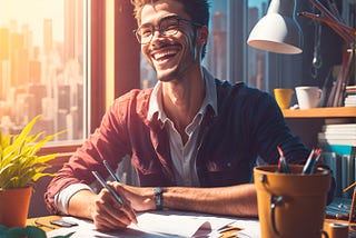 AI-generated image of a smiling young man basking in bright sunshine at his work desk