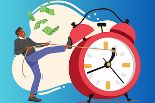A business man trying to wrestle a clock with money floating past him