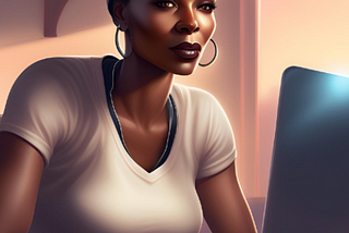 An attractive middle aged African American woman sits int front of a computer.