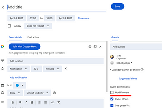 Google Calendar event creation screen showing how to allow guests to modify the event and invite others.