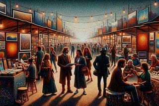 A backlit evening image of people in an aisle at an outdoor fine art show with overhanging lights