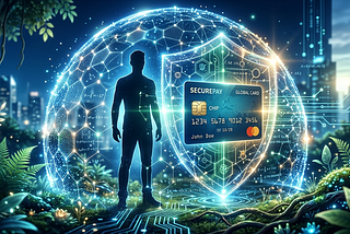 Una silueta humana o una tarjeta de crédito siendo protegida por un escudo digital semitransparente generado por partículas de luz o nodos de red que forman una estructura de “celosía” (haciendo guiño a la criptografía post-cuántica). Estilo: Techno-natural fusion. Mezclar elementos orgánicos suaves con geometría digital precisa. Colores que inspiren confianza: azules profundos, blancos puros y toques de dorado o verde esmeralda