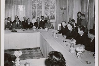 Dr. Ralph Bunche and negotiators at the Arab-Israeli peace talks