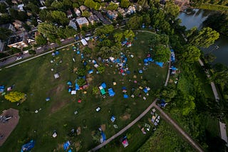 MINNEAPOLIS, MN: The homeless encampment at Powderhorn Park photographed Tuesday, July 14, 2020