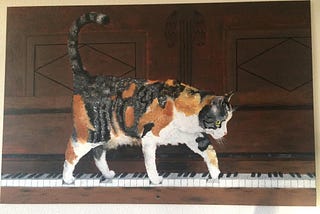 A painting of a cat walking on the keys of an old piano