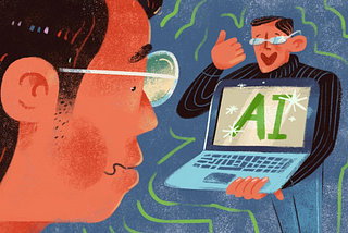 An illustration that depicts a worried person looking at another person who is holding a laptop displaying the letters “AI” with a thumbs-up gesture