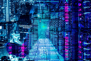 futuristic image showing modern building and servers in purple and blue colors