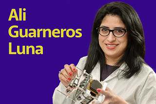 Ali Guarneros Luna photo holding a cubesat and her name written in yellow with a purple background.