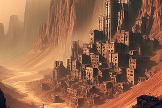 Ruined buildings in the side of a cliff, in a brown, dusty landscape.