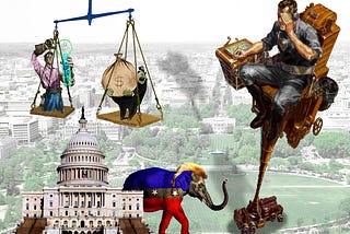 A pair of balance scales high over the US Capitol Building. On one platform is a shouting banker holding a money-bag. On the other is a lap technician holding a giant testube larger than his torso, filled with various electronic gadgets. He uses tongs to hold a giant atomic motif over the tube’s mouth. From behind the Capitol emerges an elephant in GOP logo livery, with the hair of Donald Trump. On the right is a gigantic telescoping platform terminating in a high-tech command chair from which a