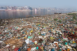 Plastic piling up by the shore of the Ganges river in Varanasi, India.