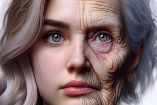 A.I. generated image of a woman whose face is young on one side and wrinkled on the other.