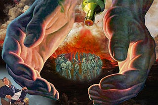 A group of miserable men walking in a circle (Van Gogh’s ‘Prisoners’); they are cupped in two giant hands, between which protrudes a raygun that is bathing them in a sinister yellow-red light. In one corner sits a supremely self-satisfied business man, reclining in a comfortable chair, surrounded by fluffy clouds. The background is a hellscape of red smoke and brimstone.