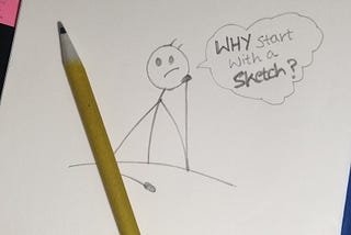 A doodle of a stick figure thinking “Why start with a sketch?”