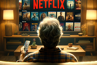 This image shows a middle-aged man sitting on a sofa from behind, facing a large TV screen that displays the Netflix interface, filled with a variety of movie and series options. He is holding a remote control, symbolizing his indecision in choosing what to watch. The cozy living room setting is illuminated by soft lighting. The back of the man’s head and shoulders are visible, conveying a sense of being overwhelmed by the multitude of choices on the screen.