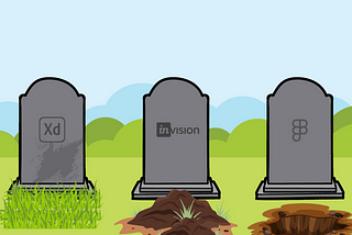 Uma imagem com três lápides representando três ferramentas: a primeira, mais antiga, do Adobe XD. A segunda do InVision que acabou de ser enterrada, e a terceira do Figma, com a cova aberta esperando ser enterrada.