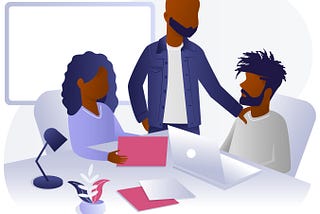 Graphic illustration of 3 african-american folks around their computers with a whiteboard in the background.