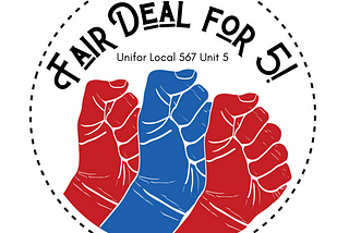 A round logo with the slogan ‘Fair Deal for 5! and three raised fists.