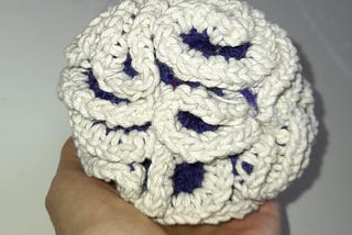A 5 D manifold crocheted object, with the outward silhouette of a sphere