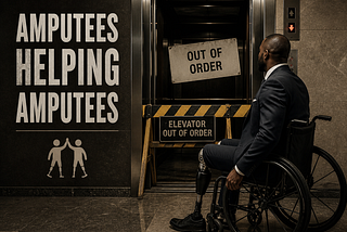 Man in a wheelchair with a prosthetic leg faces an “Out of Order” elevator. Wall reads “Amputees Helping Amputees.” Indoor setting.