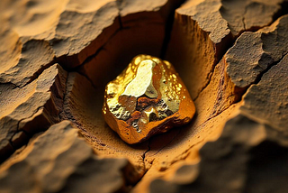 Close-up of a gold nugget in cracked earth, representing the overlooked value of gold mining stocks during market volatility.