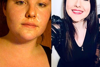 A comparison image of the author at age 24 in 2012 at approximately 240 lbs, with an image of her now at age 33 in 2021 at approximately 170 lbs. She looks noticeably happier now.