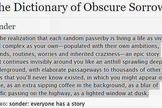 The definition of “sonder,” from The Dictionary of Obscure Sorrows, by John Koenig.