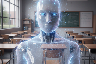 An AI robot fading away in a classroom