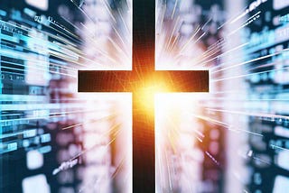 A cross shines amid an ever growing flow of information.