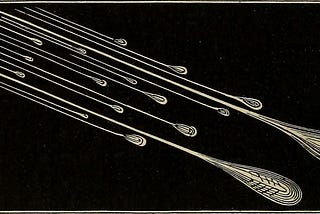 Vintage illustration of asteroids hurtling through space.