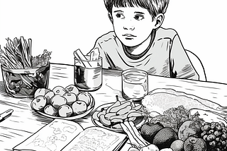 Black and white cartoon character child drawing sitting at a kitchen table covered with plates of fruits, vegetables and drinks with a book open.