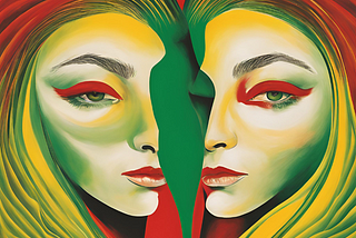 A picture showing red and green pigments blending together to form a yellow color could be a perfect metaphor for the way people reveal different traits to different individuals.
