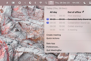 A screenshot of my menu bar, showing MeetingBar’s list of meetings