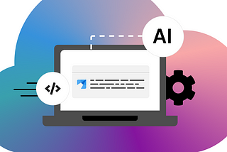 A graphic sits on top of a colorful gradient background that is loosely in the shape of a cloud. The graphic includes a laptop, with dynamic shapes, like motion lines and dotted lines connecting icons to the laptop. The icons represent AI and coding. There’s a cog beside the laptop. On the laptop is a screen with the PatternFly logo.