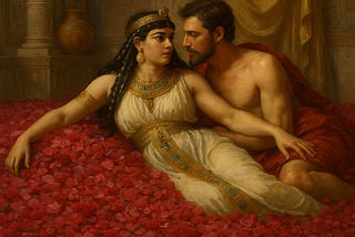 Queen Cleopatra and Marc Anthony in their bed of rose petals. Image created by Lee Byrd and ChatGPT
