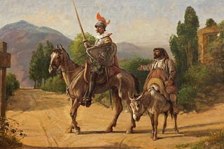 Don Quixote on a horse and Sancho Panza on a donkey