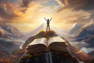 a writer standing triumphantly on top of a colossal open book that soars into the sky, representing their ascent in the writing journey with the support of ManyStories