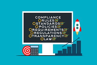 A computer monitor displaying the words compliance, rules, standards, policies, requirements, regulations, transparency, and law. To the right a cartoon rocket ship is blasting off. Below the monitor from left to write is a target, calculator and bar graph. The whole image is in a flat, cartoon, logo style. Image curtesy of https://pixabay.com/users/mohamed_hassan-5229782/ on Pixabay.