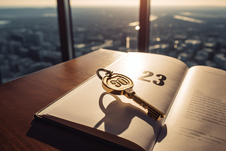 An intricate photograph of a golden key with a dollar sign keyring resting on an open book titled “2023’s Leading Strategies”. The environment is a well-lit, modern office with a clean desk and a high-rise city view out the window, giving a sense of ambition and future prospects. The style is a realistic photograph, taken with a Canon EOS R5 using a 35mm lens for sharp detail and depth of field, capturing the texture of the key and the book.