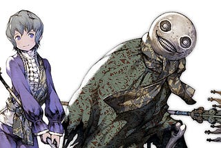 The character Emil from Nier in both his human form and weapon form. As a human, Emil is a young boy with grey hair and purple eyes. He wears a purple petticoat, white shirt and matching purple breeches. Wrapped around him like a sash is a silky green scarf. As a weapon, Emil is a skeleton draped in a dark green cloak with the green silk scarf around his neck. His head looks almost like the moon, only with two unblinking eyes and a fixed grin bearing dozens of tiny teeth.
