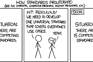 xkcd comic. Situation: There are 14 competing standards person: “14?! Ridiculuos. We need to develop one universal standard that covers everyone’s use cases. Soon: There are 15 competing standards