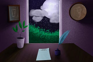 Beautiful midnight scene with paper on table with ink feather