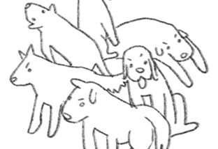 A hand-drawn illustration of a pack of dogs