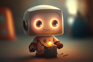 a small cute smiling robot holding a light bulb