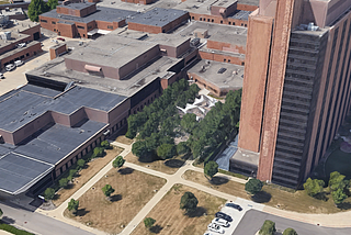 A 3D satellite image of a courtyard at St. Joseph Hospital in Ann Arbor, Michigan.