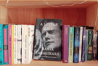 Photo of a bookshelf, with the cover of A Little Life facing forward.