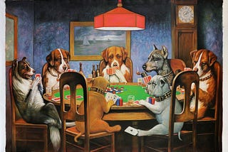 Six dogs sit around a dimly lit table playing poker.