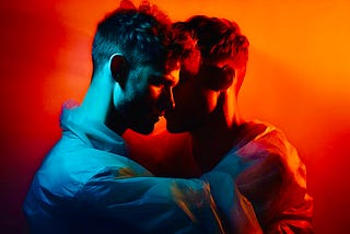 Two young men embrace like ghosts in red and orange light