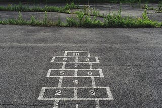 A hopscotch with the word ‘start’ and then numbers to 10 drawn in chalk on the pavement.